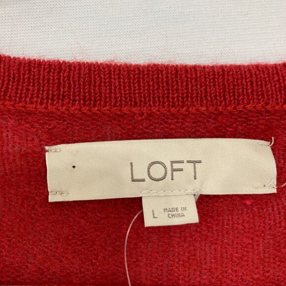New LOFT Large Red Embroidered Graphic Wool Mohair Blend Light Sweater Holiday - Picture 2 of 10